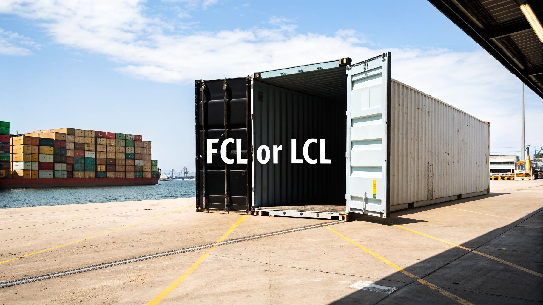 An open shipping container with 'FCL or LCL' text on a port dock, a cargo ship in the background.