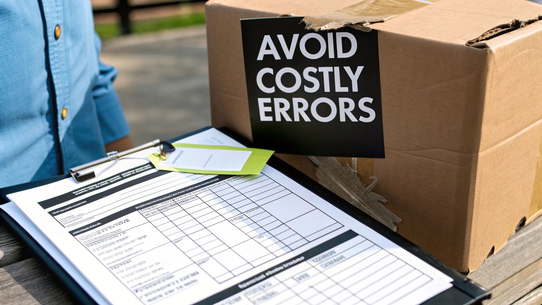 Delivery person with clipboard and damaged cardboard box displaying avoid costly errors sign for shipping