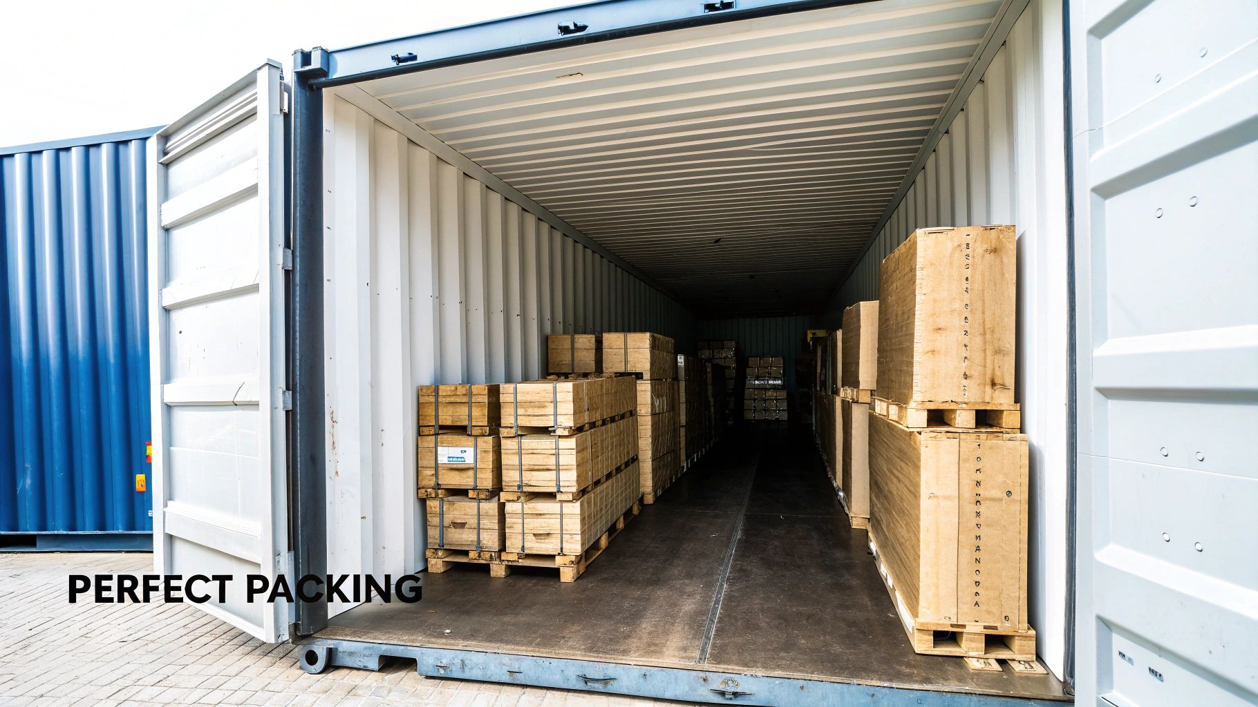 An open white shipping container showcasing perfect packing of numerous wooden crates stacked on pallets.