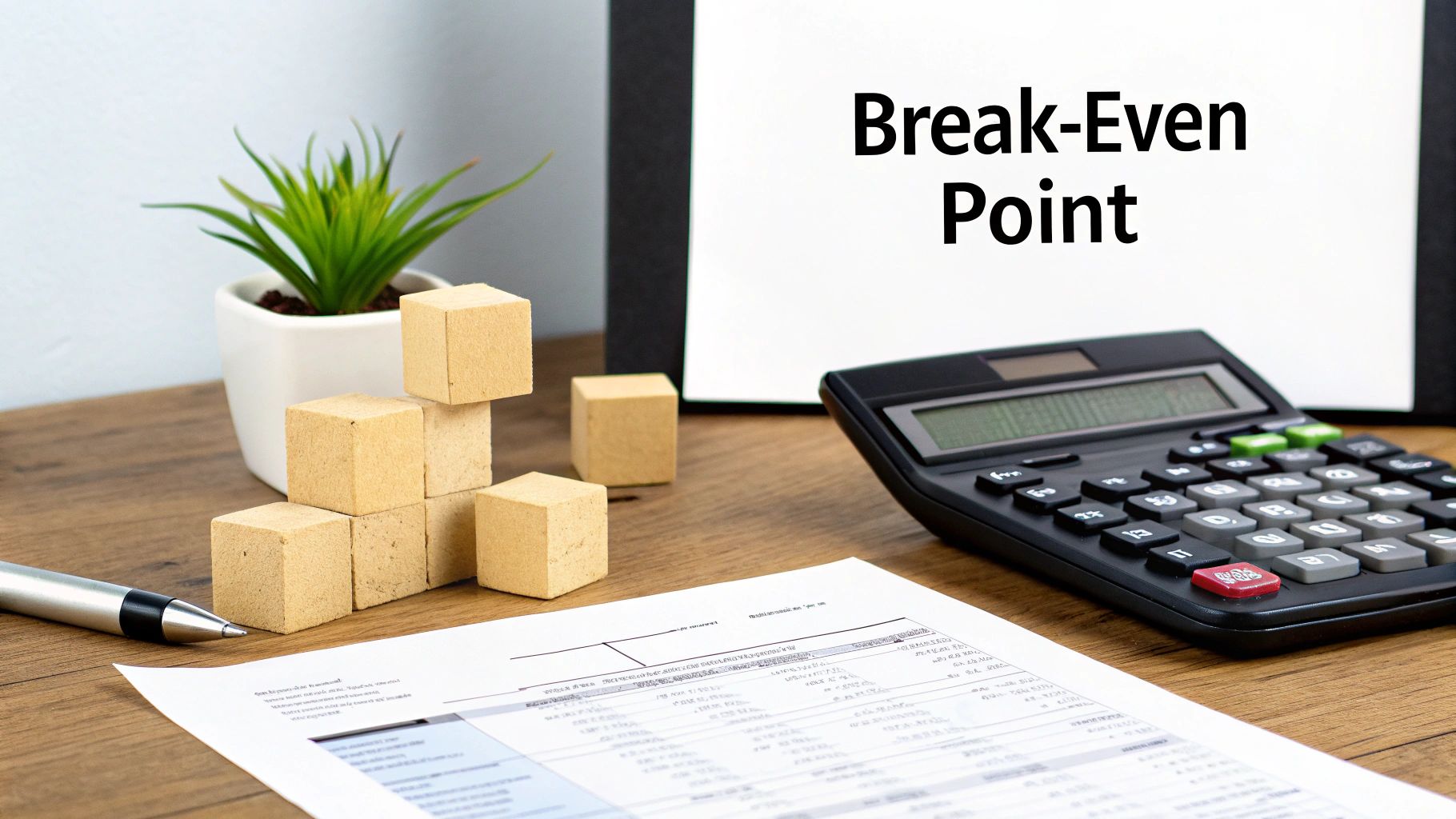 Break-even point calculation with wooden blocks, calculator, documents, and pen on wooden desk