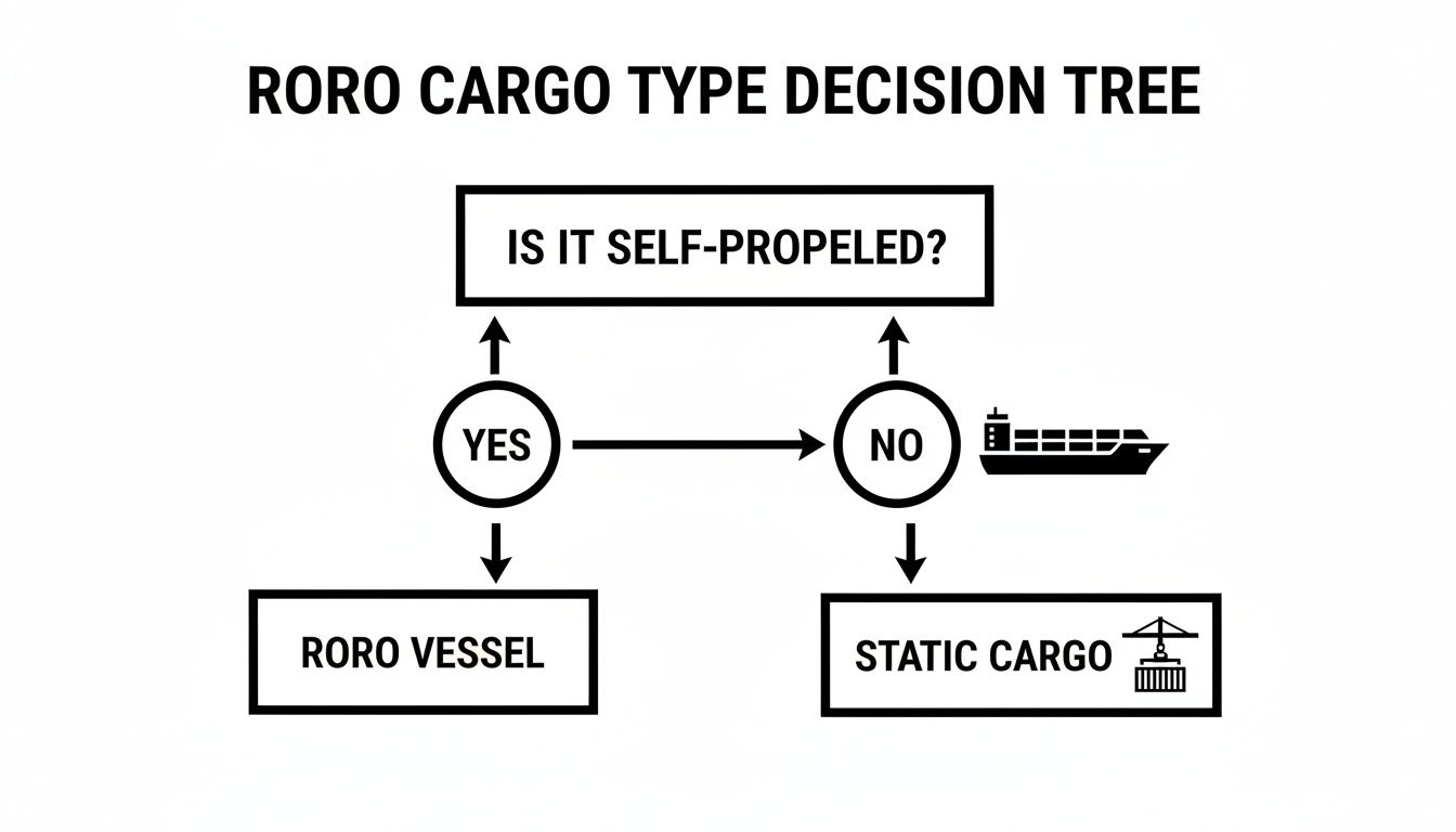 Decision tree for RORO cargo type, illustrating if cargo is self-propelled for RORO vessel or static.