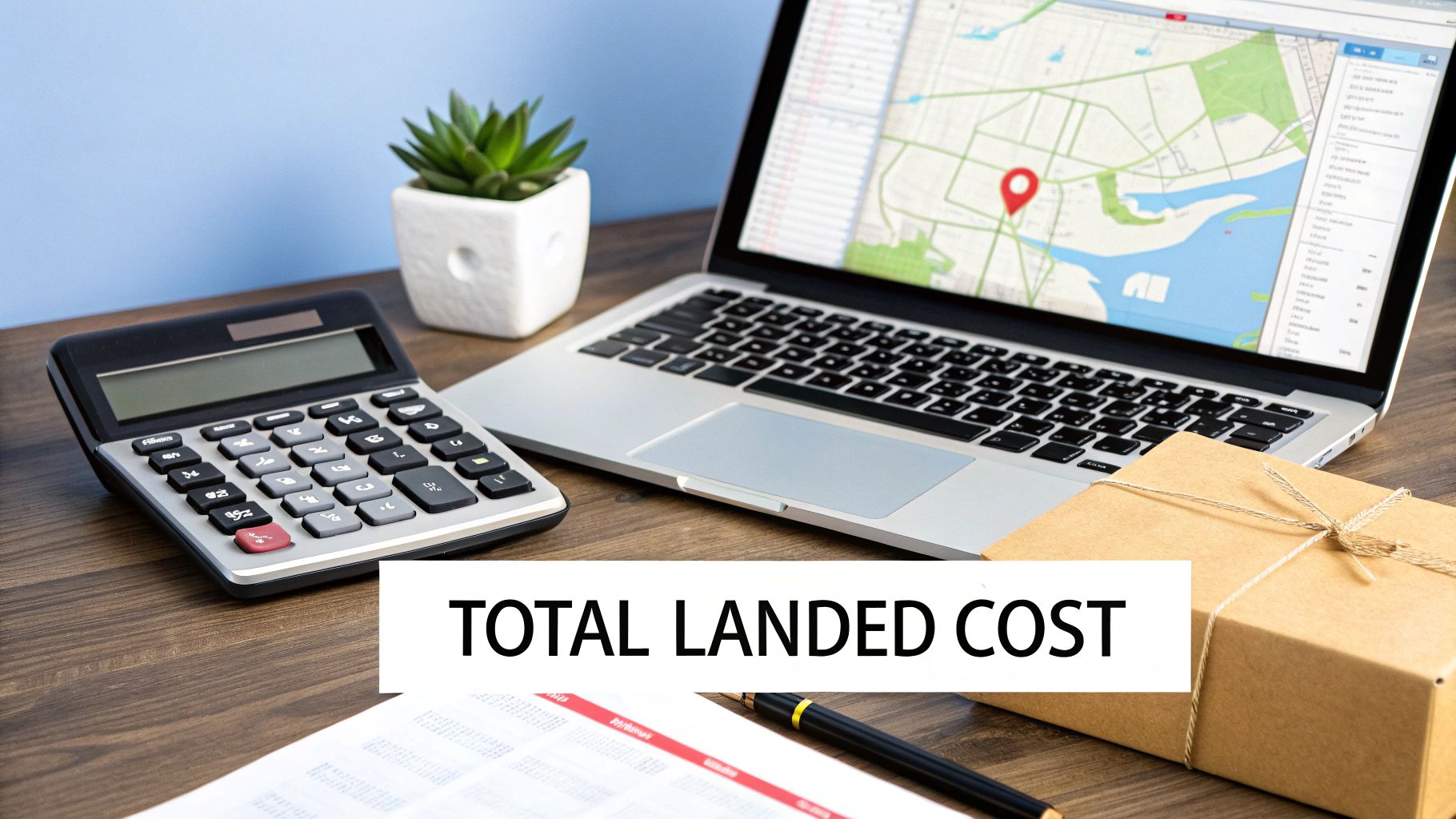 A desk with a calculator, laptop showing a logistics map, and a package, with text 'TOTAL LANDED COST'.