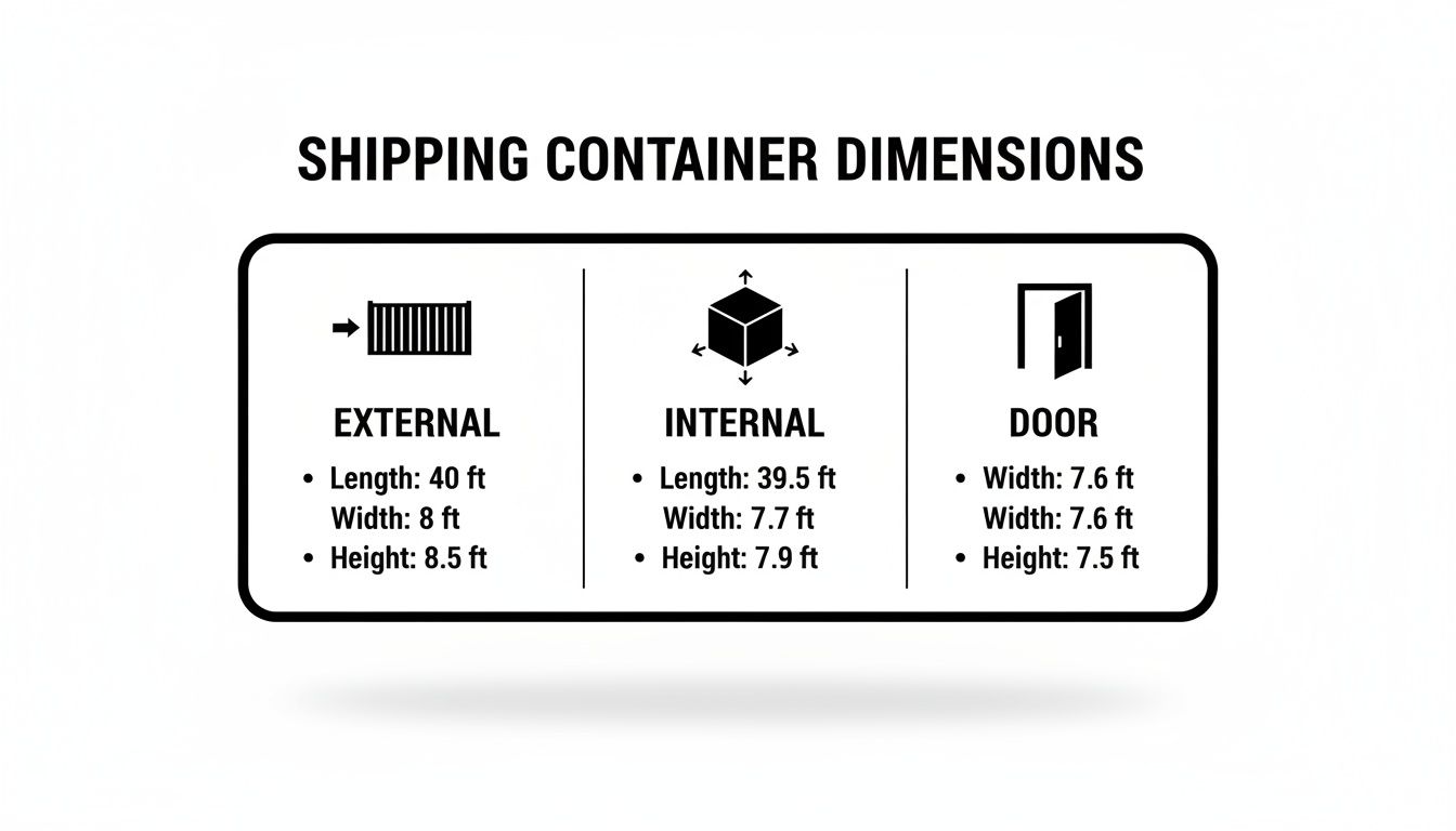 Infographic detailing 40 ft shipping container dimensions: external, internal, and door measurements in feet.