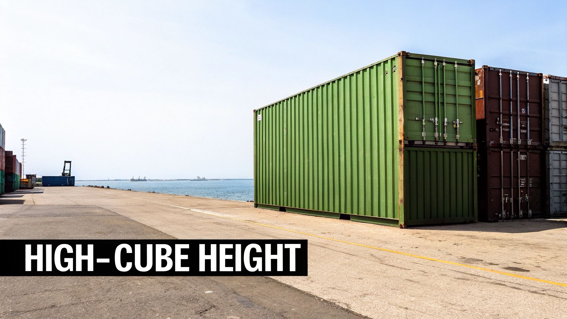 Green high-cube shipping container at a port next to the ocean, with other containers and ships in the distance.