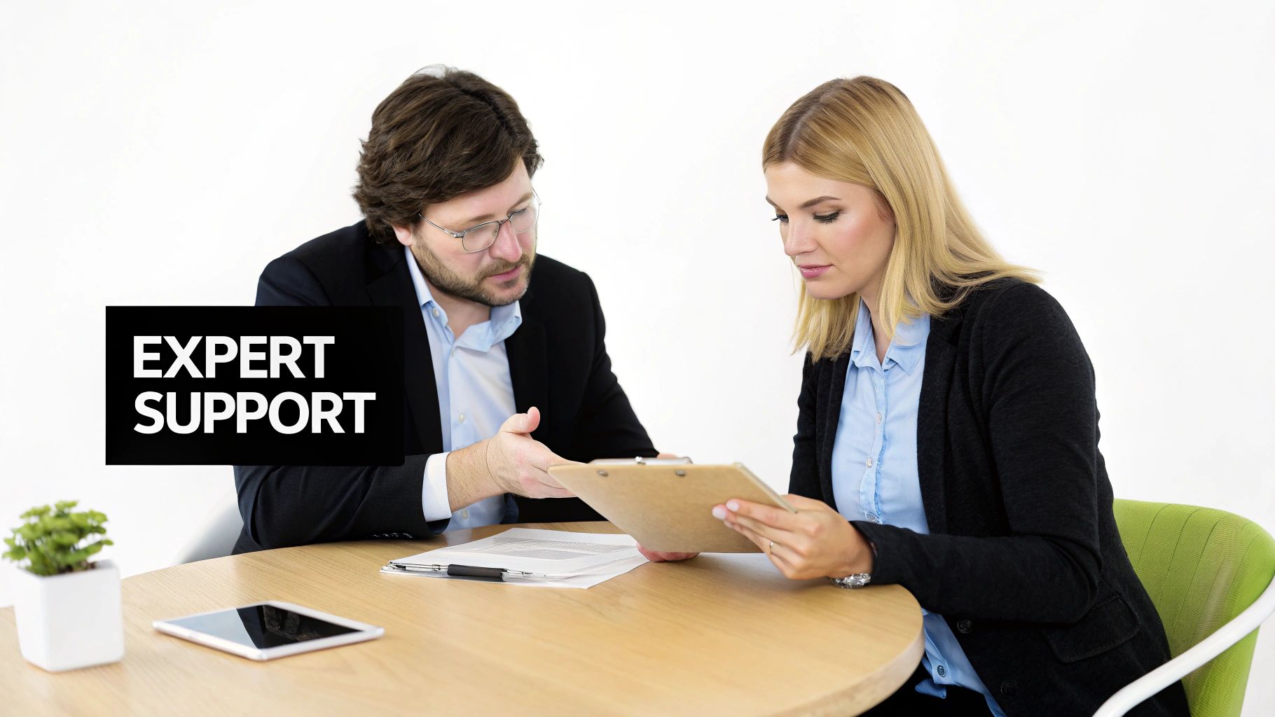 Two business professionals, a man and a woman, discuss documents at a table with 'Expert Support' text.