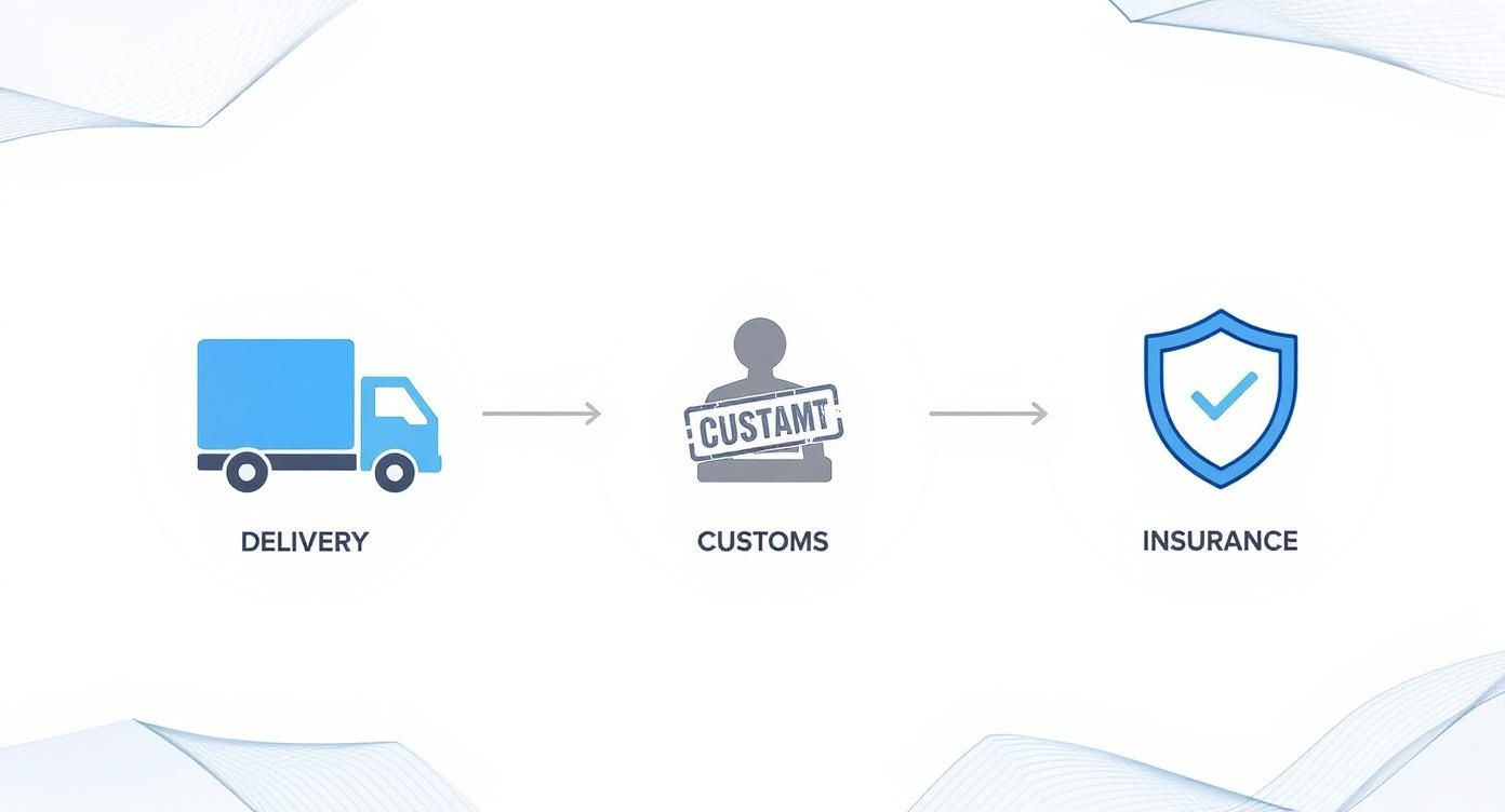 Infographic showing a sequential logistics process: delivery by truck, customs clearance, and insurance protection.