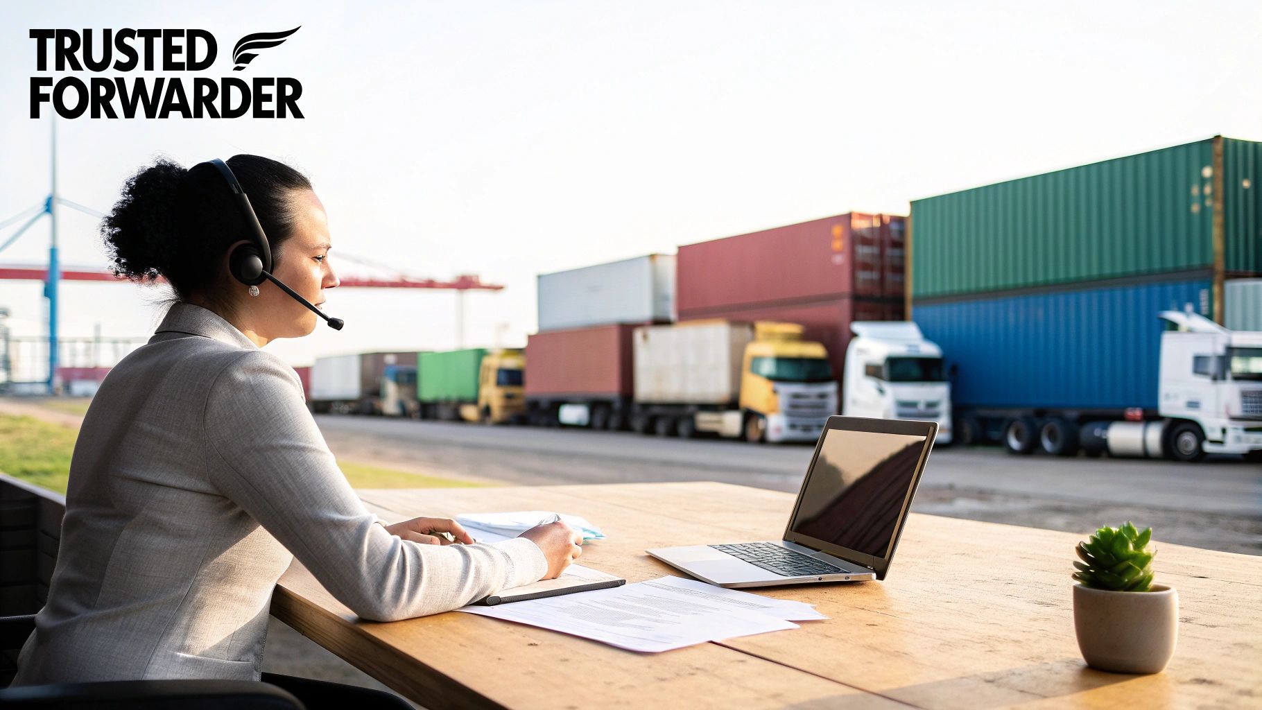 A logistics professional with a headset and laptop works at a desk in a bustling container port.