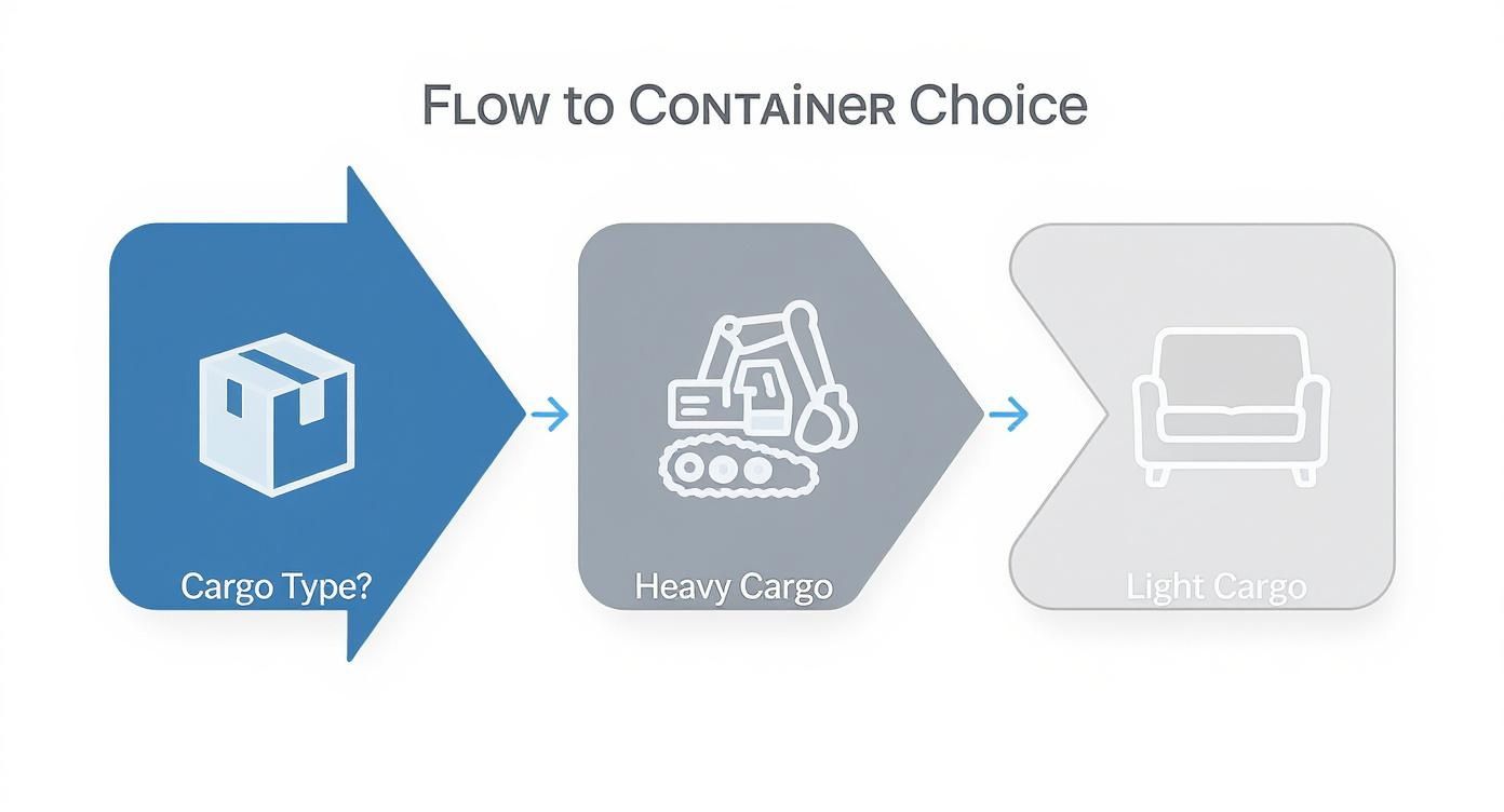 Flowchart illustrating container choice based on cargo type, distinguishing between heavy cargo (excavator) and light cargo (sofa).
