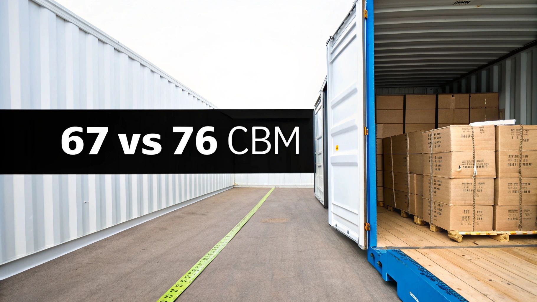 A shipping container is being loaded with numerous brown boxes, highlighting a comparison of 67 vs 76 CBM.