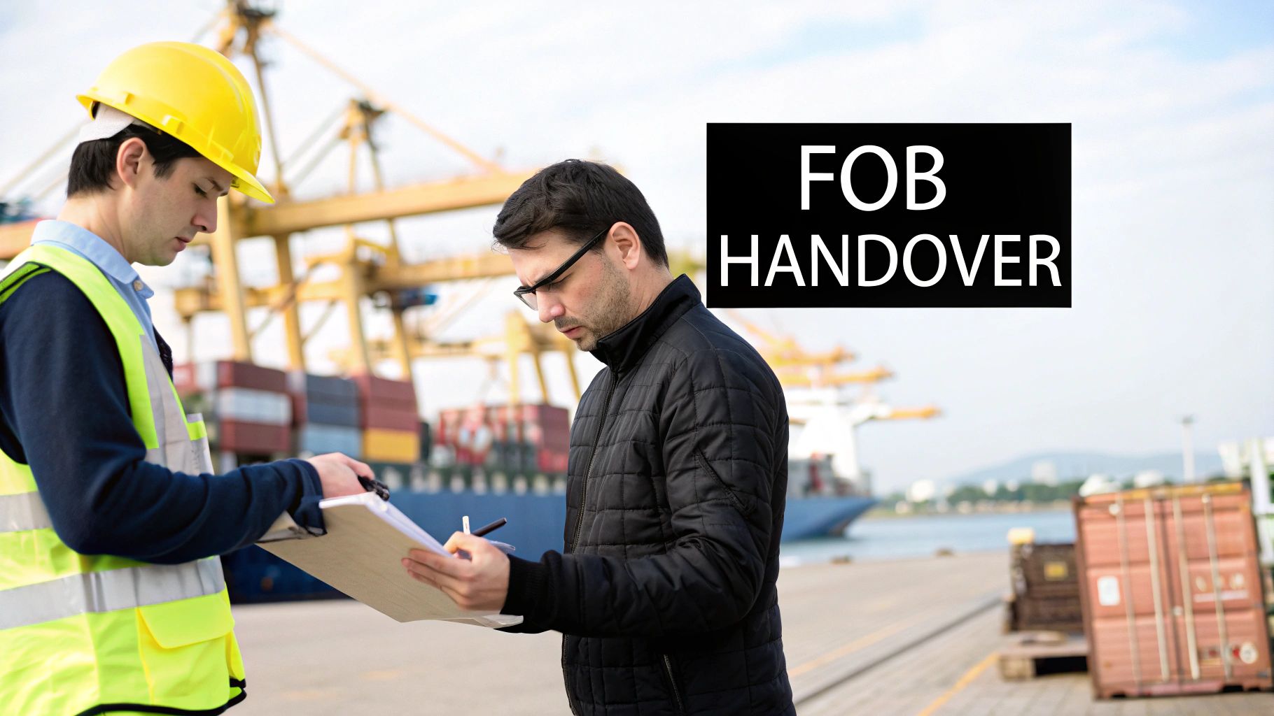 Two men reviewing documents at a busy shipping port during an FOB handover.