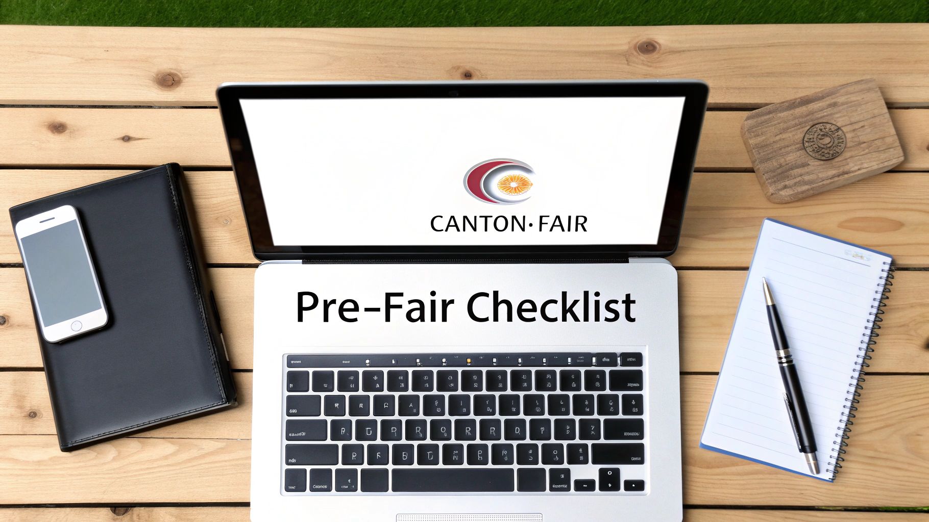 A person at a desk meticulously planning their trip, with a laptop showing the Canton Fair website, a notepad with a checklist, and a map of Guangzhou.