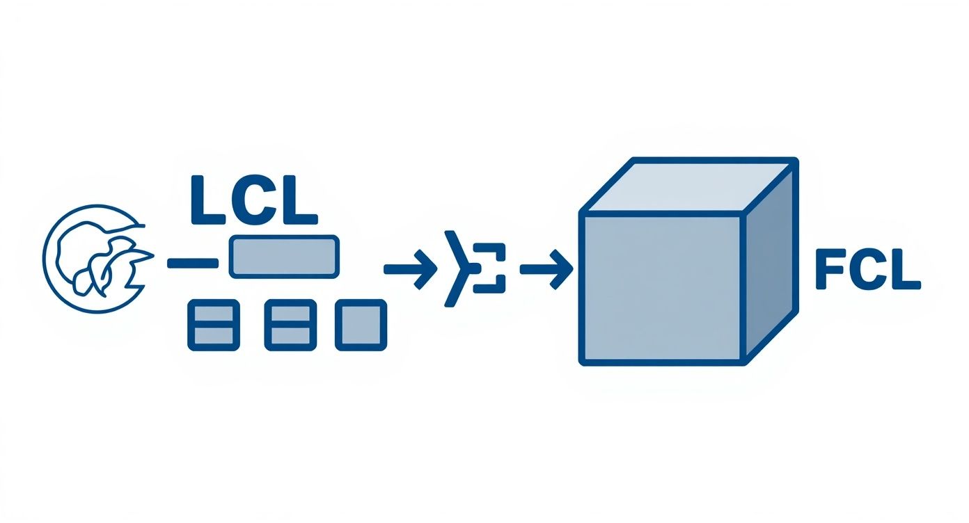 LCL shipment consolidation process diagram showing cargo grouping and transport to FCL container
