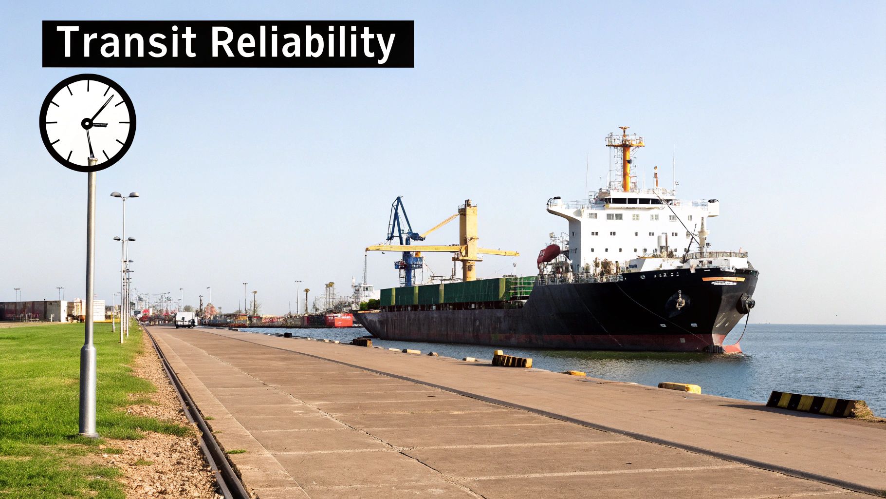 Large cargo ship docked at port with clock showing transit reliability for freight shipping
