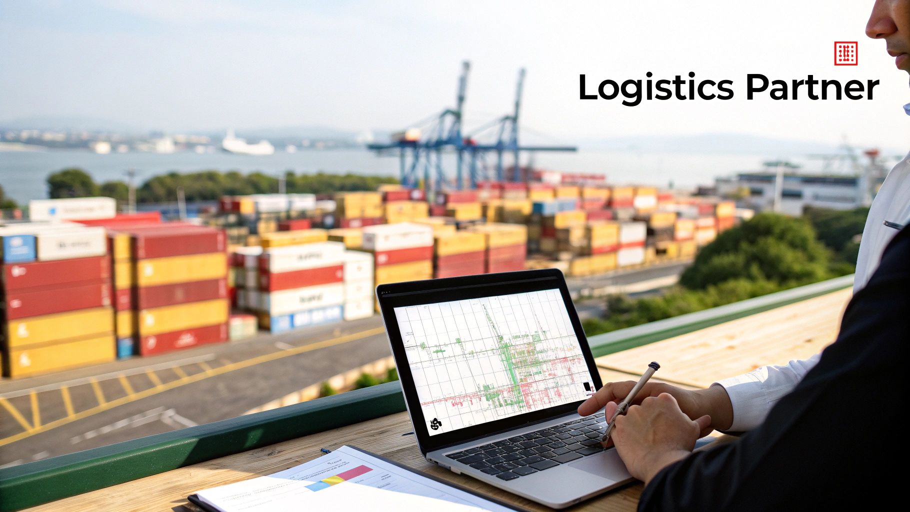 A large cargo ship docked at a port, with cranes loading and unloading containers, illustrating international trade.