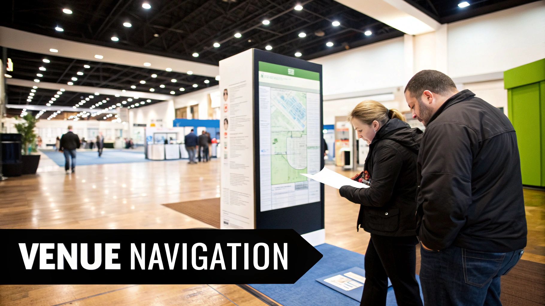 A wide-angle shot of the bustling Canton Fair complex, showing multiple exhibition halls and attendees walking between them.