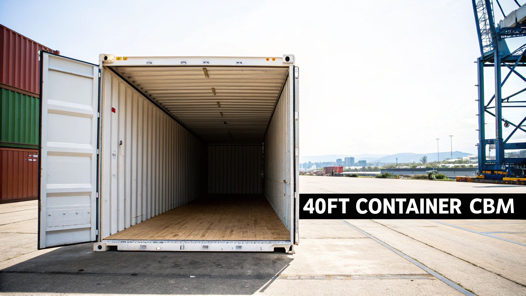 An empty 40-foot white shipping container with open doors at a cargo port.