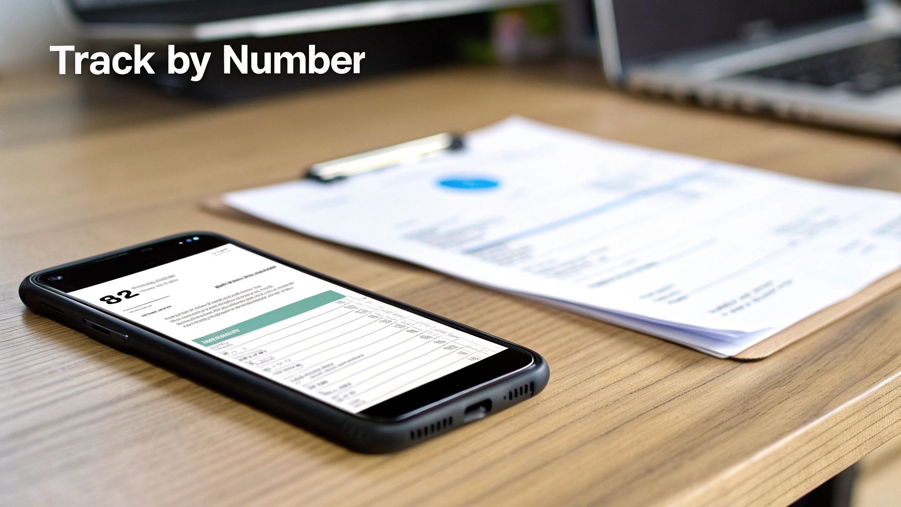 Smartphone displaying shipment tracking data with a prominent number '82' on a wooden desk.