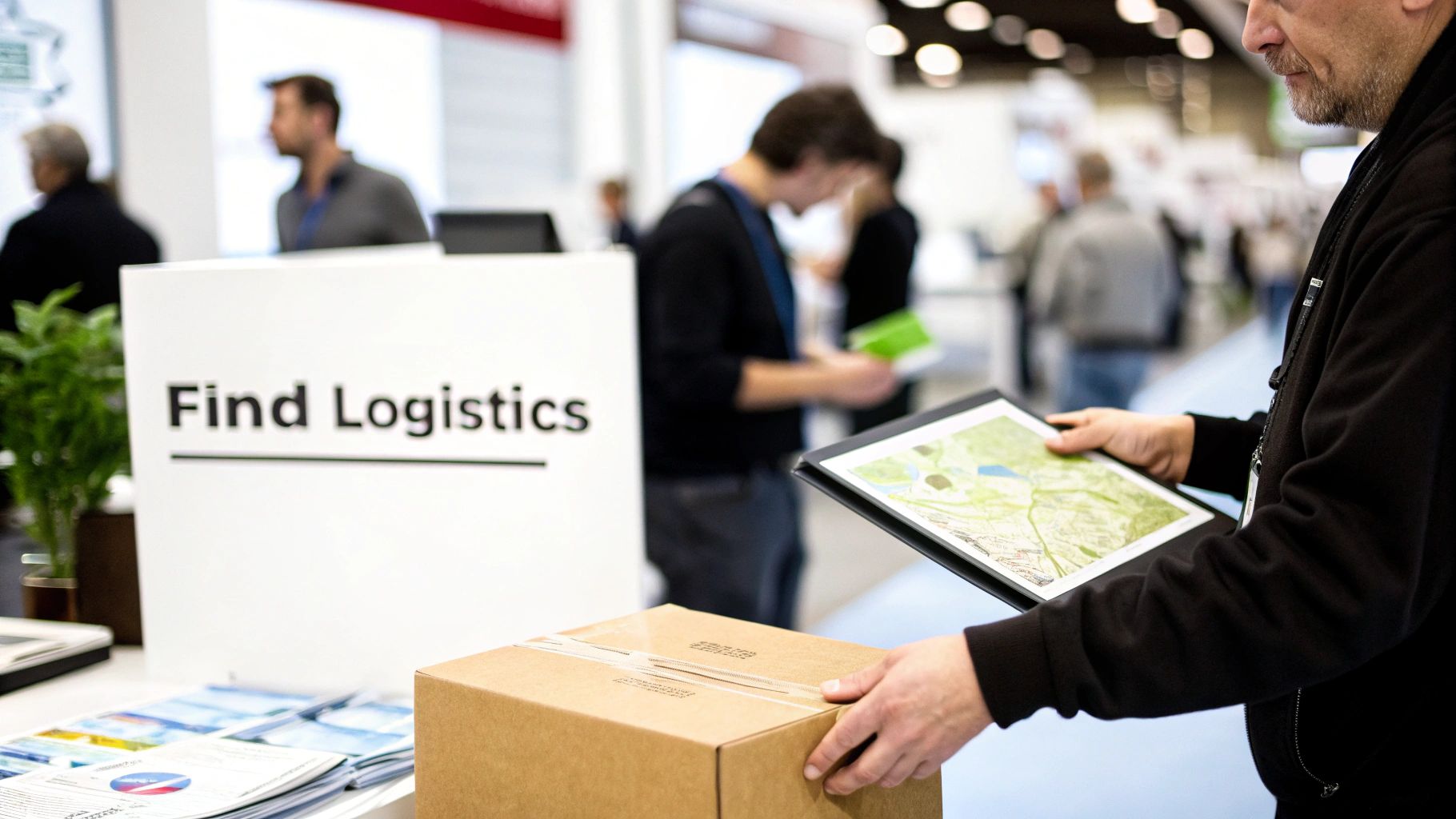 Logistics personnel coordinating shipments at the Canton Fair, with a map in the foreground.