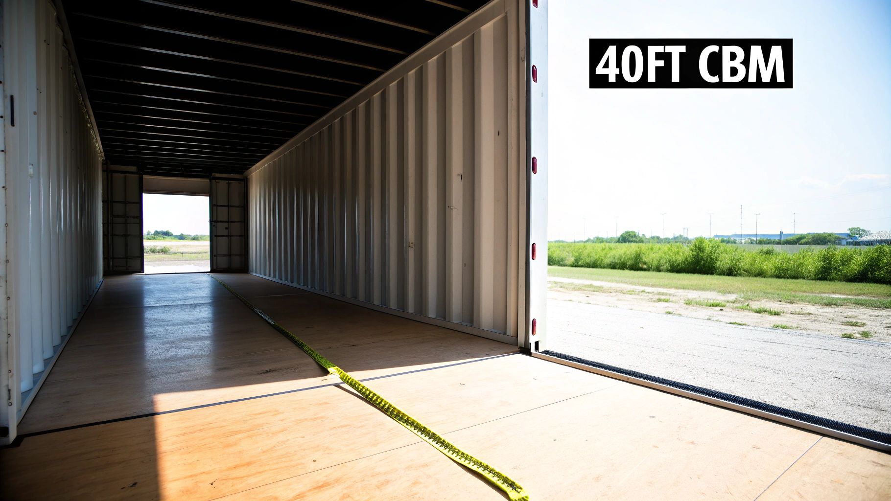 An empty 40ft shipping container with '40FT CBM' text, showing measurement tape on the wooden floor.