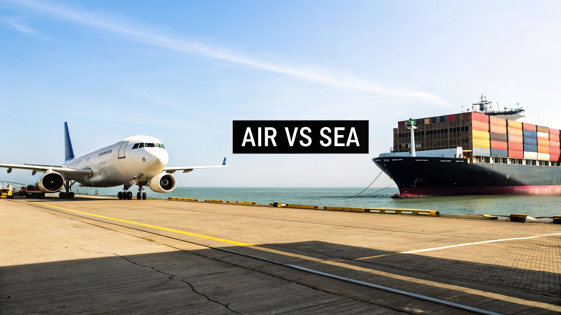A white airplane on an airfield runway and a container ship at a dock, symbolizing air vs sea freight.