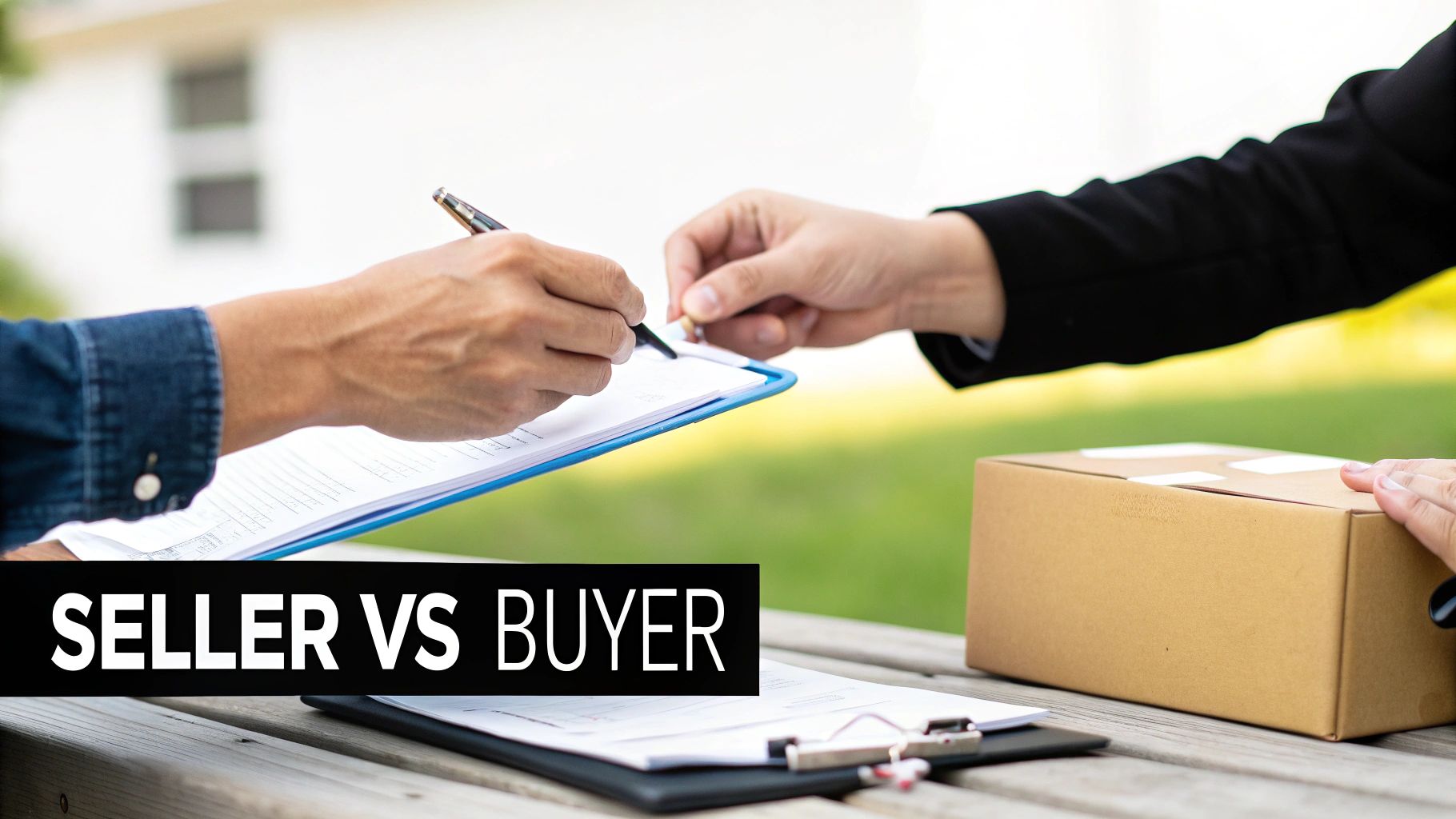 Hands signing a delivery form, with a cardboard box, representing a seller vs buyer transaction.