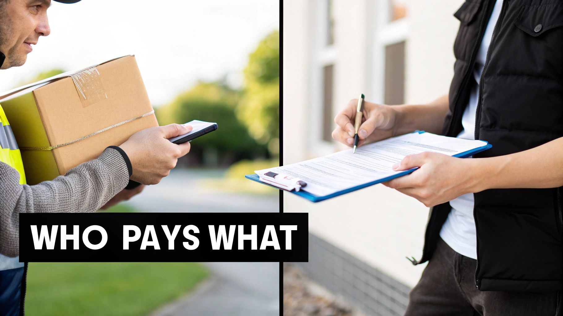 A split-screen image showing a seller handing off a package to a buyer under DDU, with the buyer then facing a customs official, contrasted with DDP, where the seller handles everything up to the final delivery.