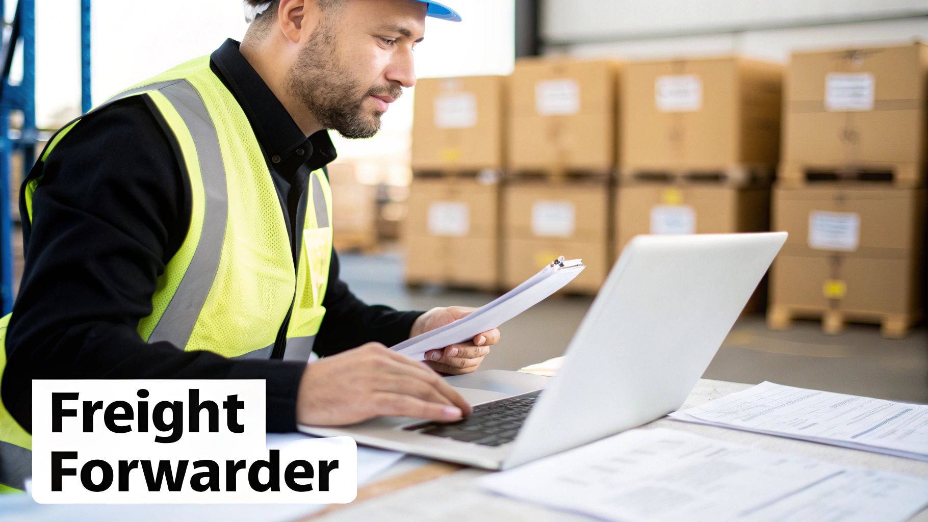 A logistics professional coordinating with a supplier over the phone while reviewing shipping documents.