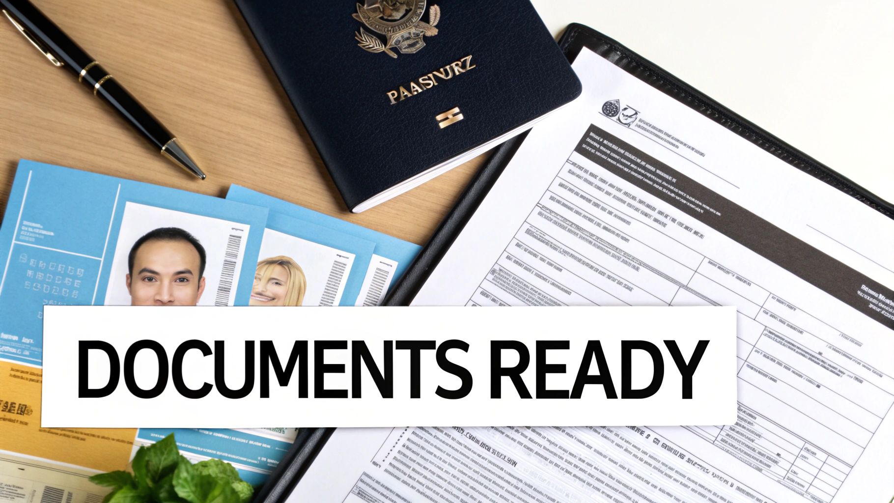 A person organizing travel documents like a passport and business license on a desk
