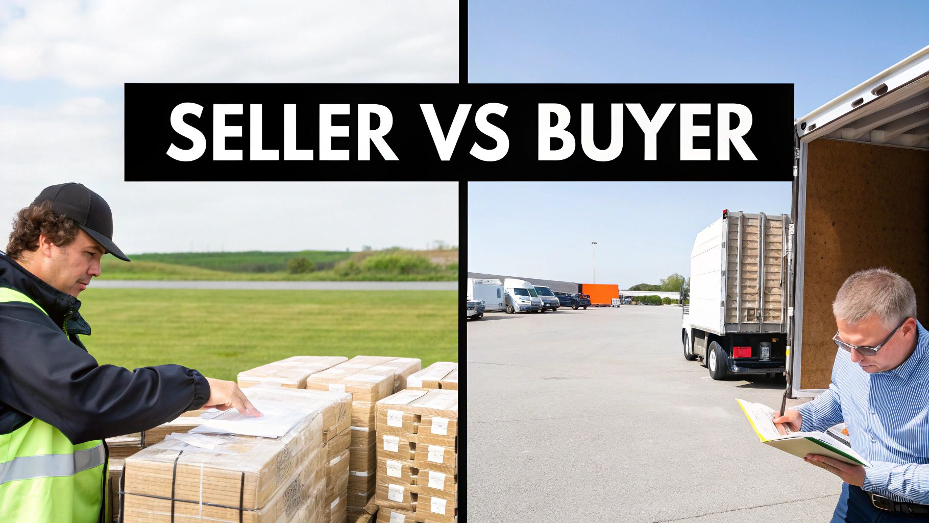 A split-screen image showing a factory worker packing a box on one side and a buyer inspecting shipping containers at a port on the other, illustrating the division of responsibilities.