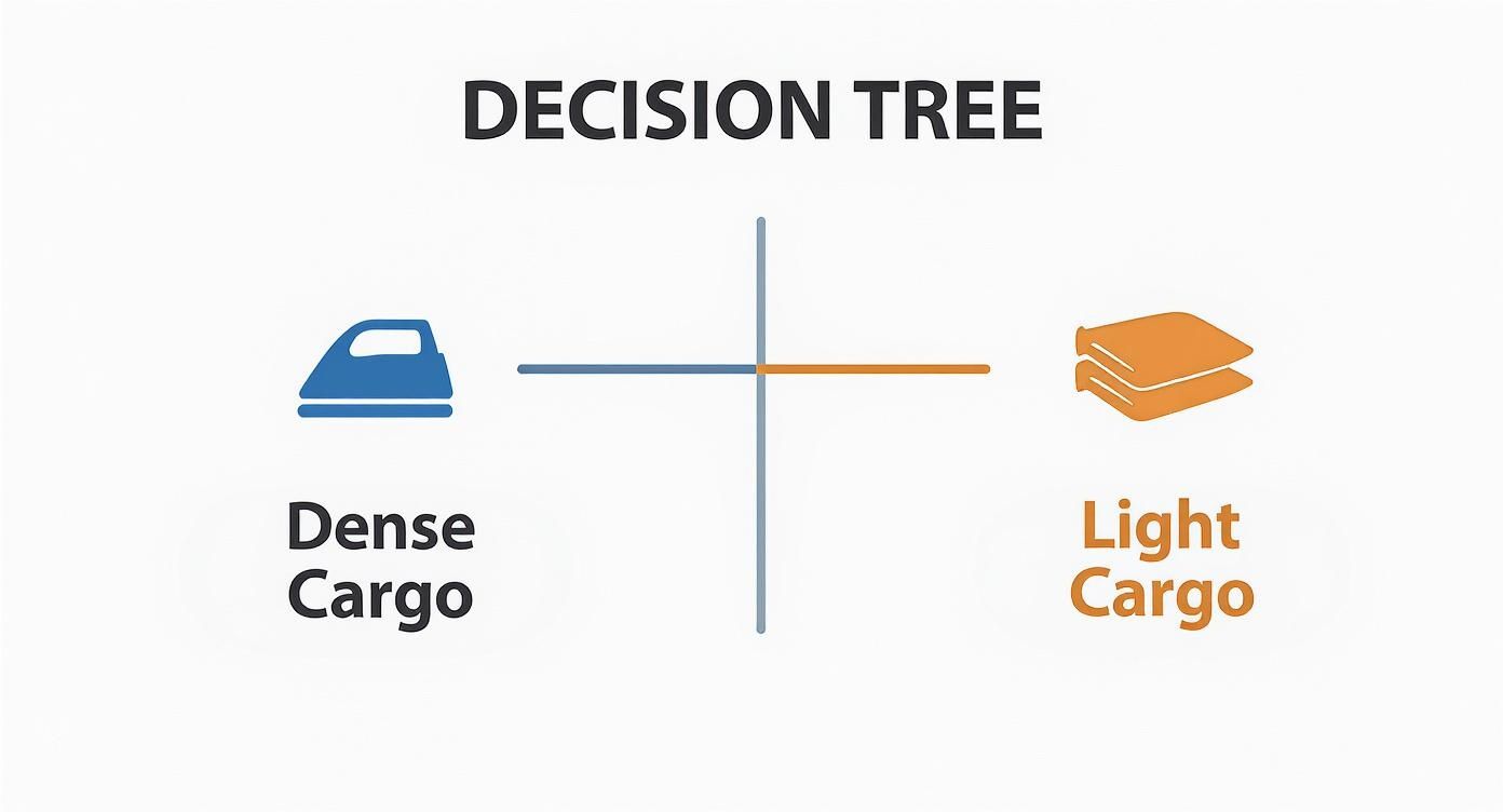 Infographic decision tree showing a choice between dense cargo (iron icon) and light cargo (pillow icon).