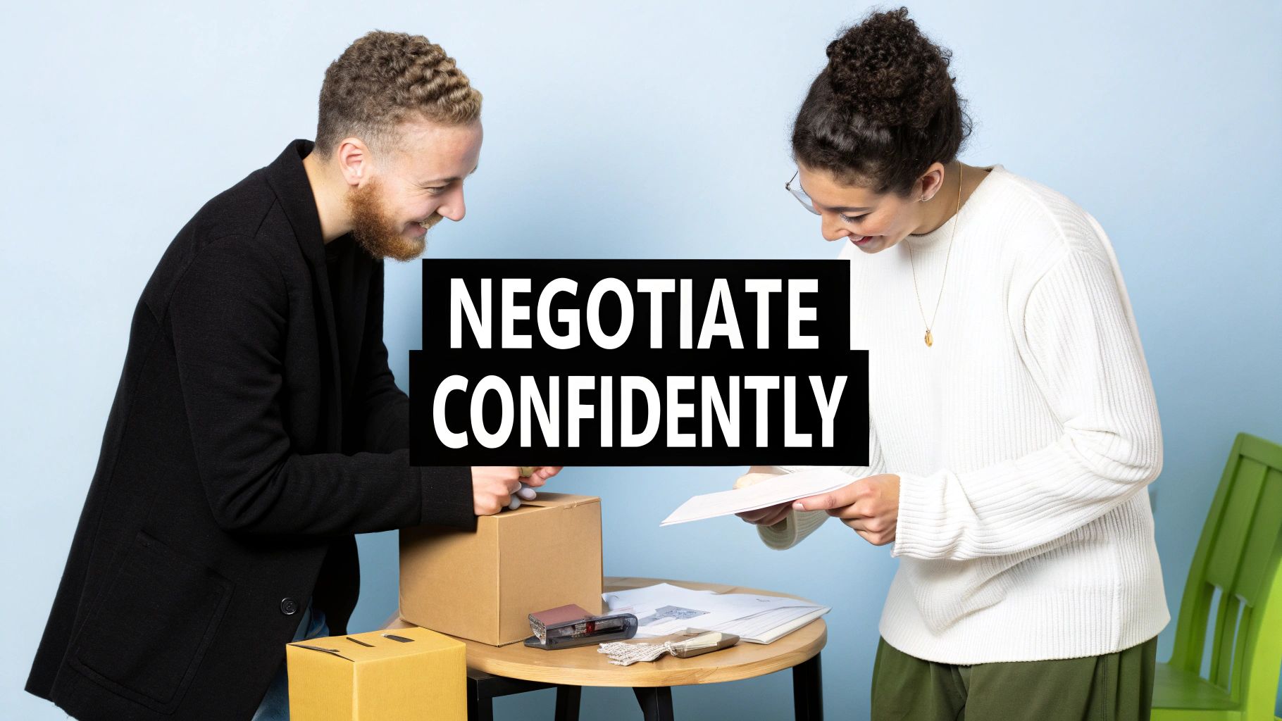 Two business professionals shaking hands across a table at the Canton Fair, with product samples visible.