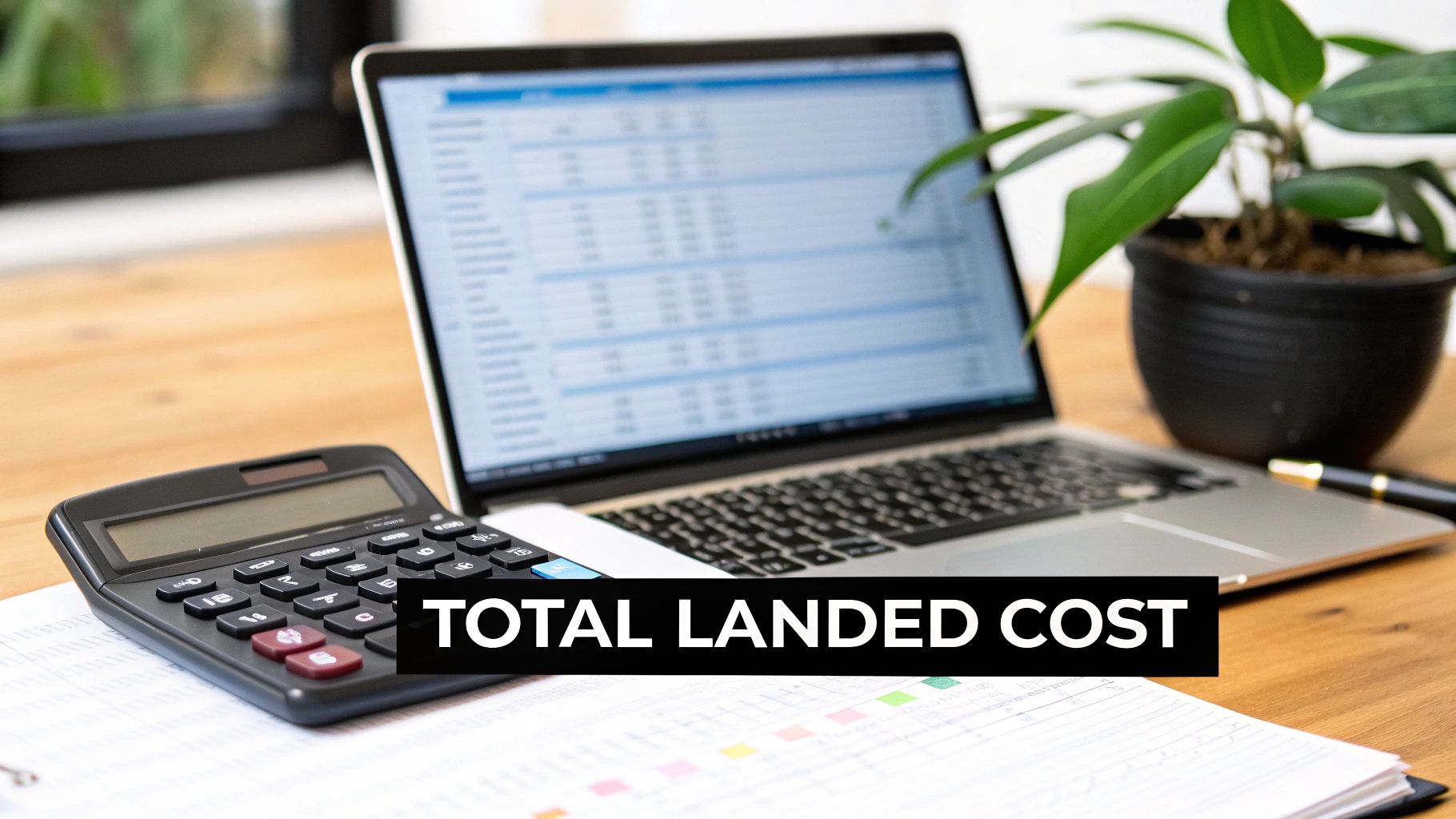 A calculator and laptop on a desk, with 'TOTAL LANDED COST' text overlay.