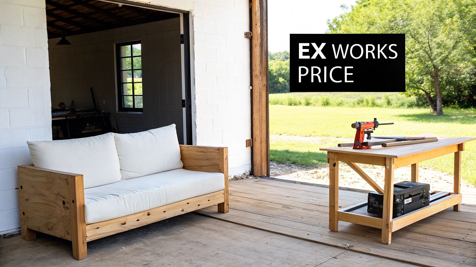 A wooden outdoor sofa with white cushions, a workbench with tools, and an open door to a workshop.