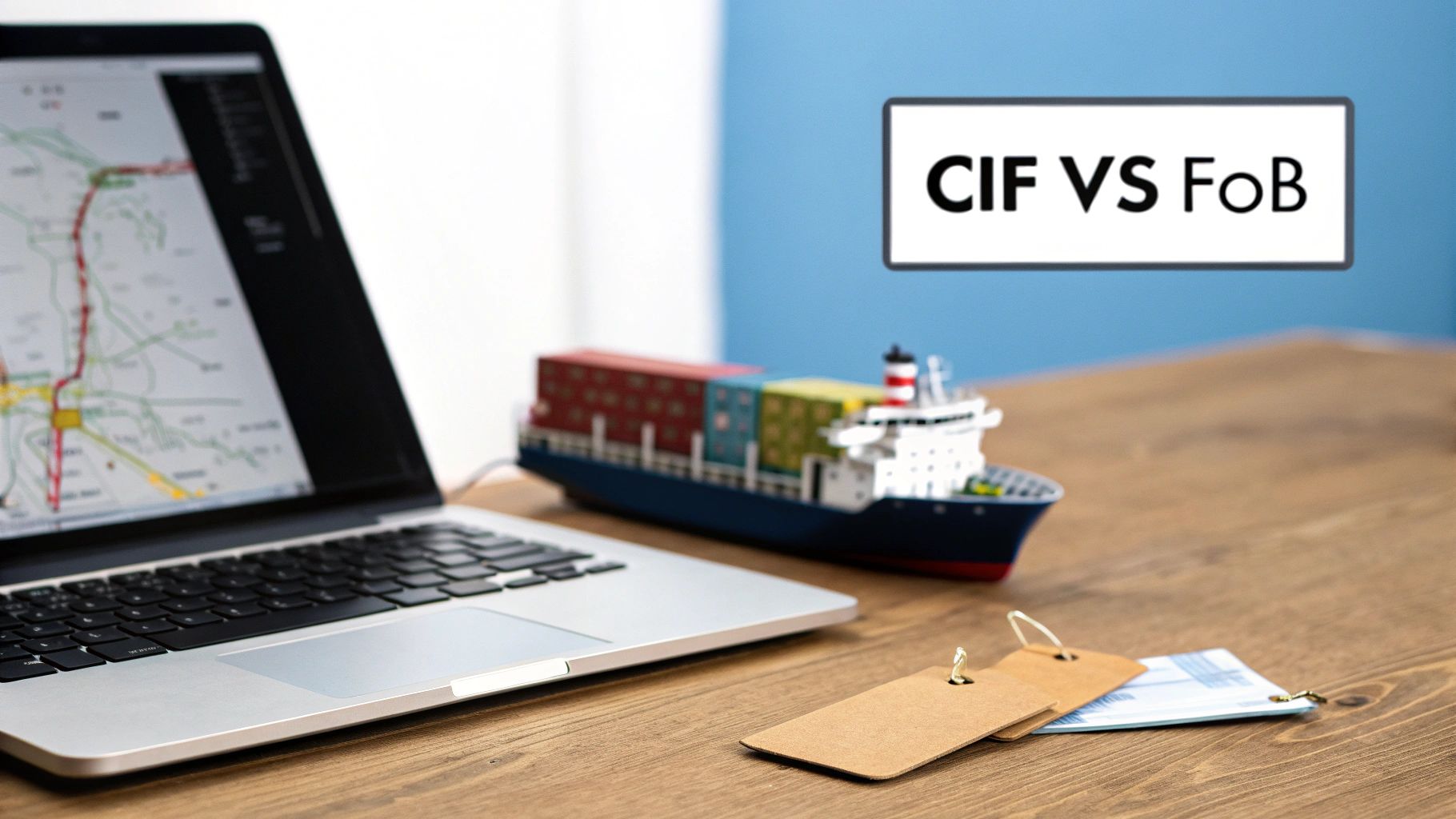 Laptop, model container ship, and documents on a desk, with a 'CIF VS FoB' sign in the background.