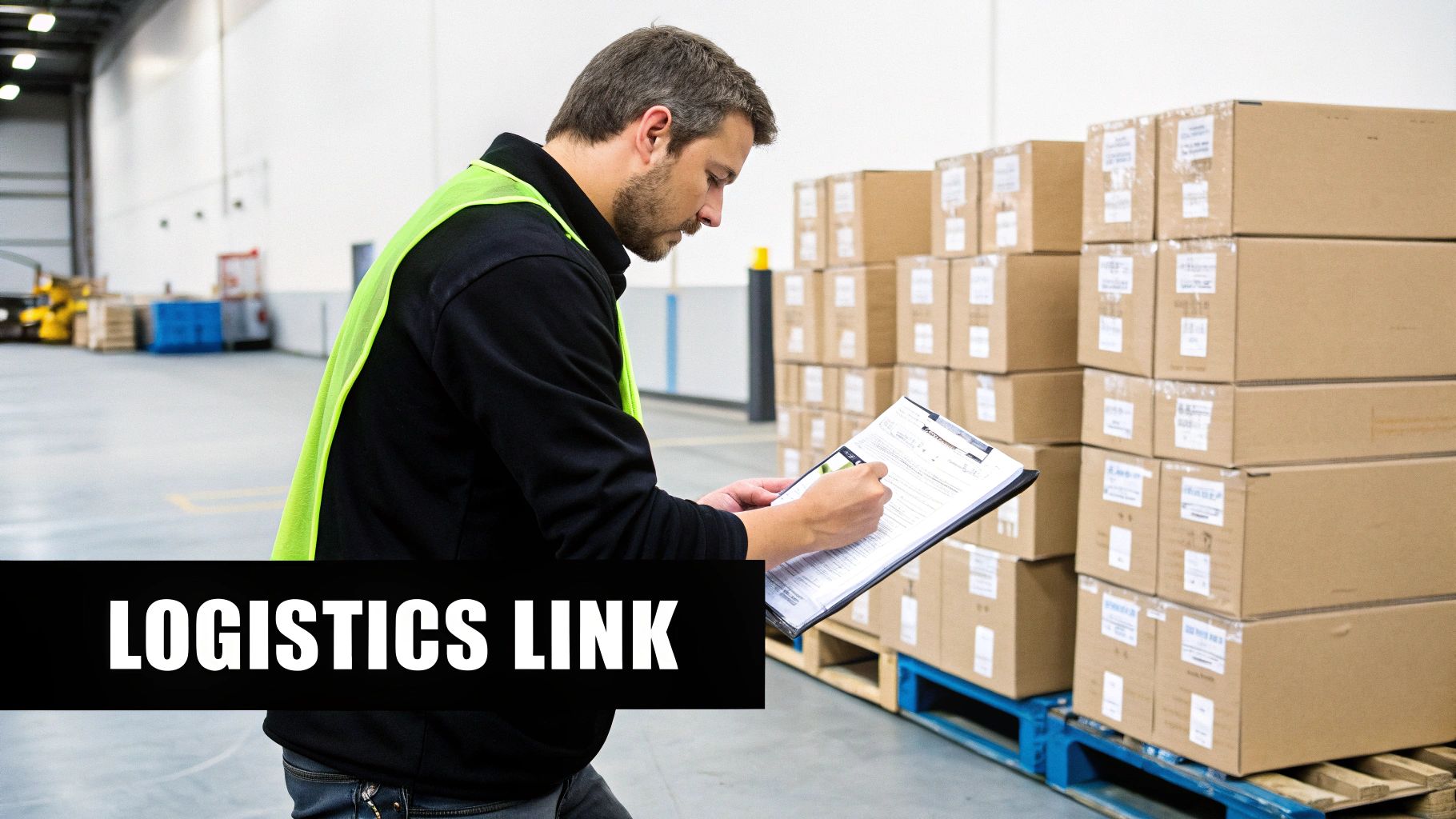 Male logistics worker in a warehouse, wearing a high-visibility vest, checking a clipboard with stacked boxes.