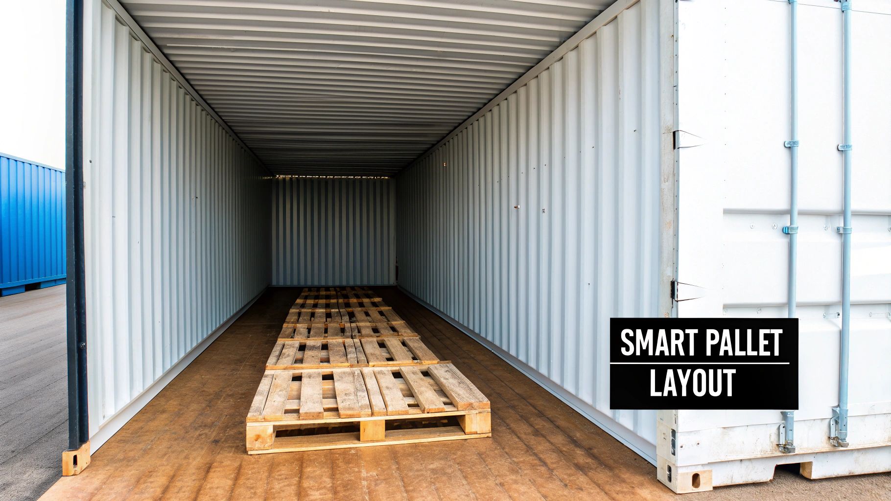 Inside a white shipping container with open doors, showing multiple wooden pallets arranged neatly on the floor.