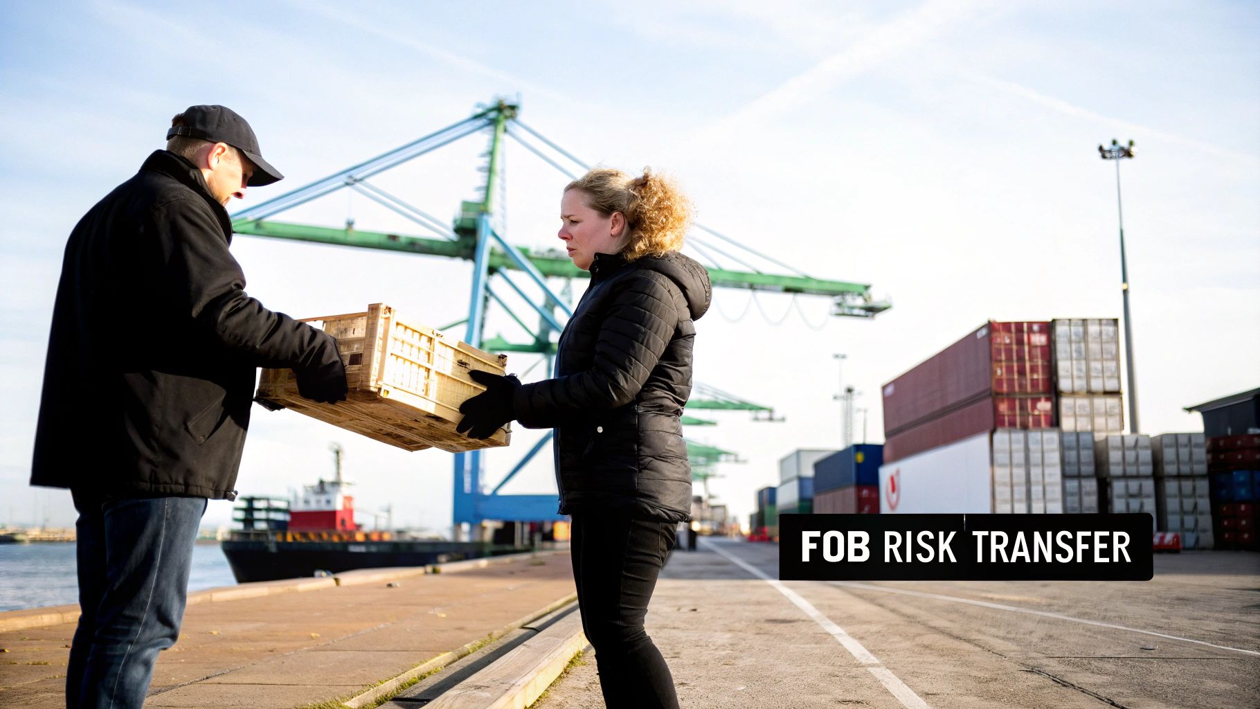 Two people exchange a wooden crate at a busy shipping port, illustrating FOB risk transfer.
