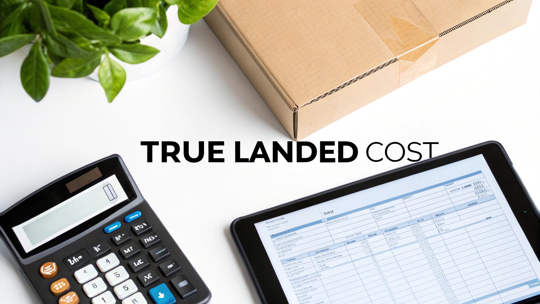 Overhead shot of a desk with a calculator, tablet, box, and plant, featuring 'TRUE LANDED COST' text.