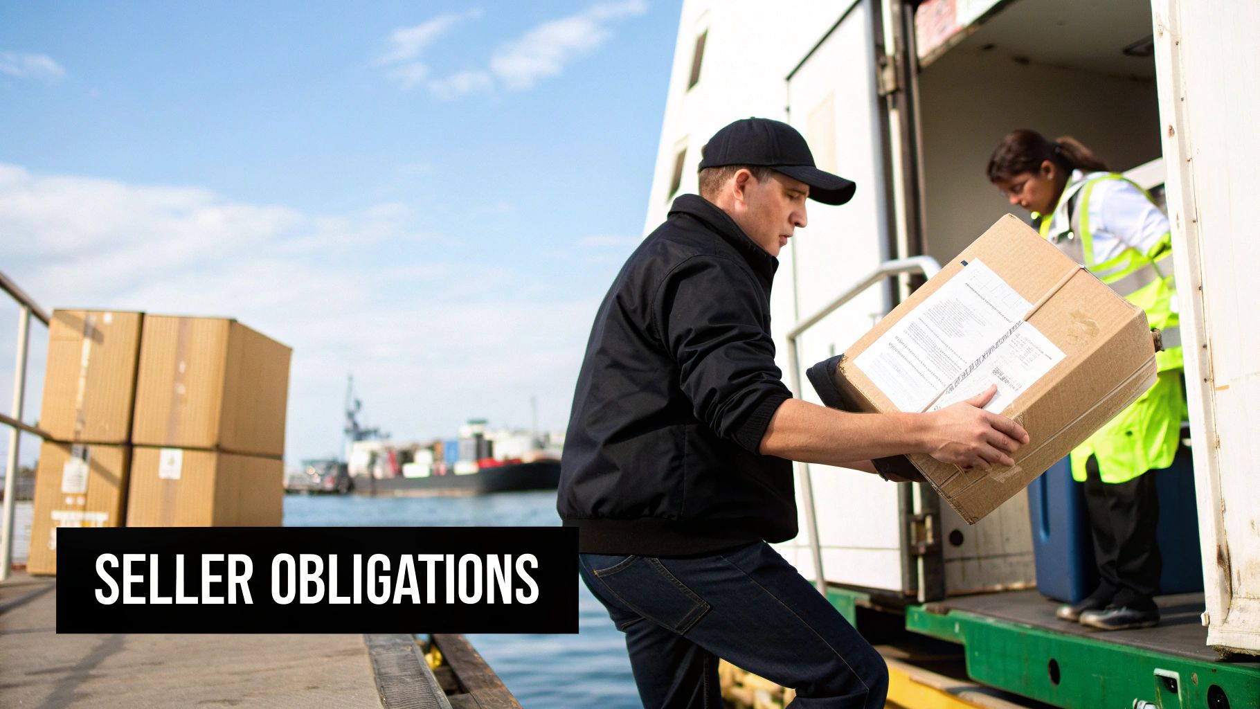 Workers loading cardboard boxes from a truck at a port, illustrating shipping logistics.