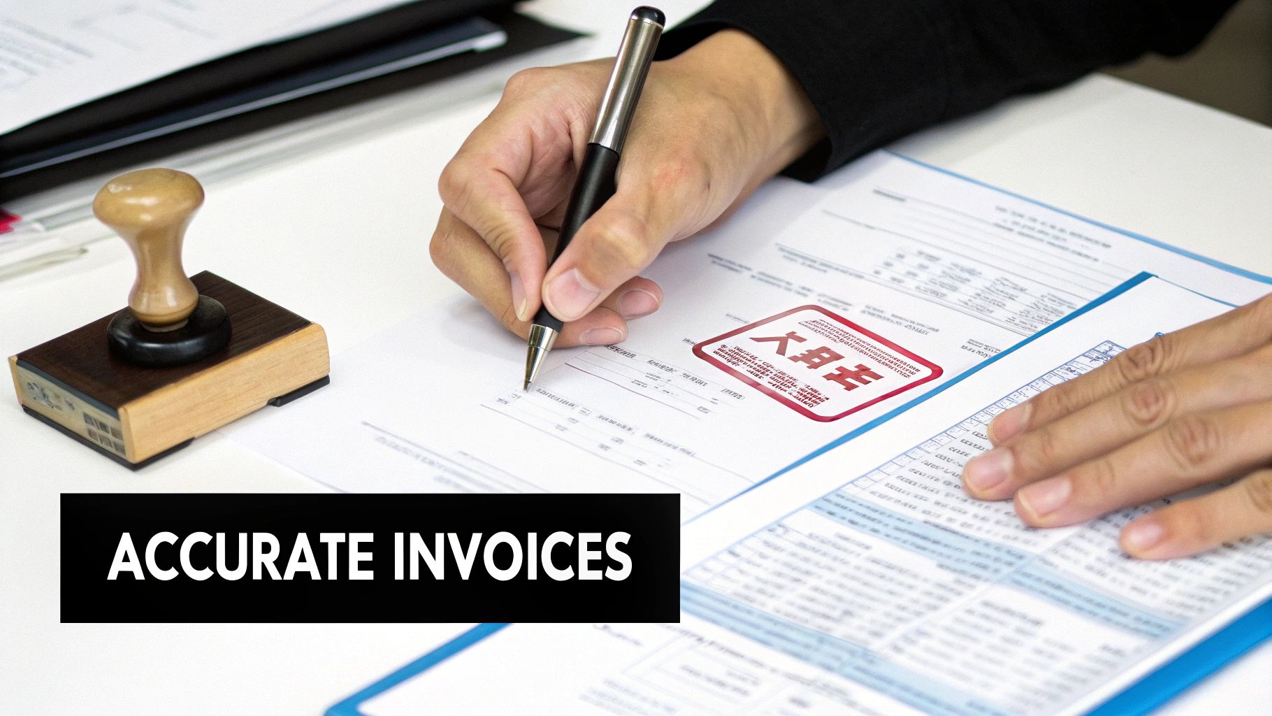 People reviewing shipping documents with a laptop and cargo in the background.