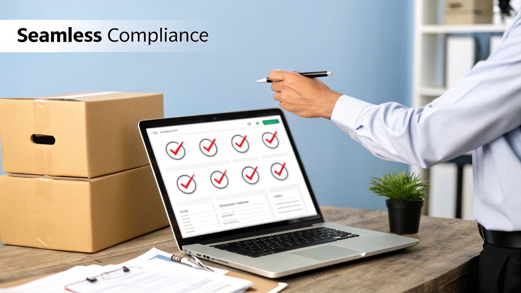 Two people reviewing shipping documents on a tablet in a warehouse setting