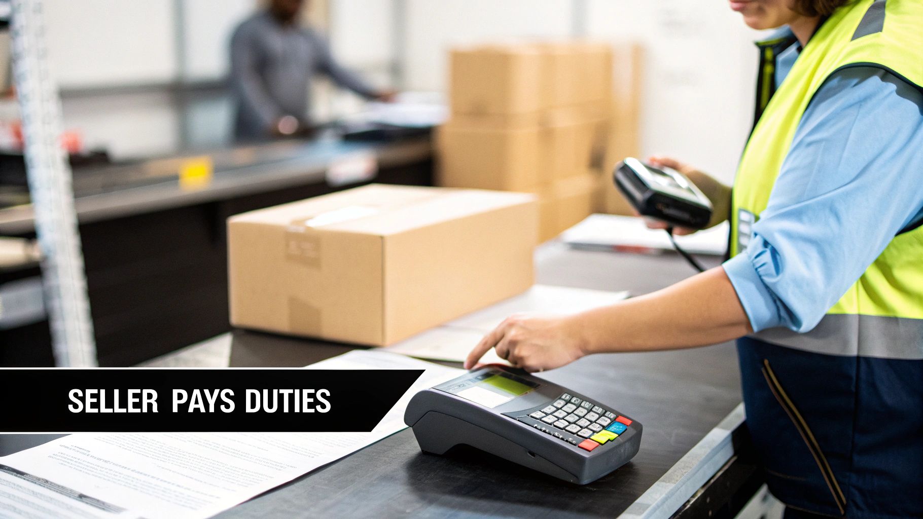 A logistics worker in a high-visibility vest scans a package, with a text overlay 'SELLER PAYS DUTIES'.