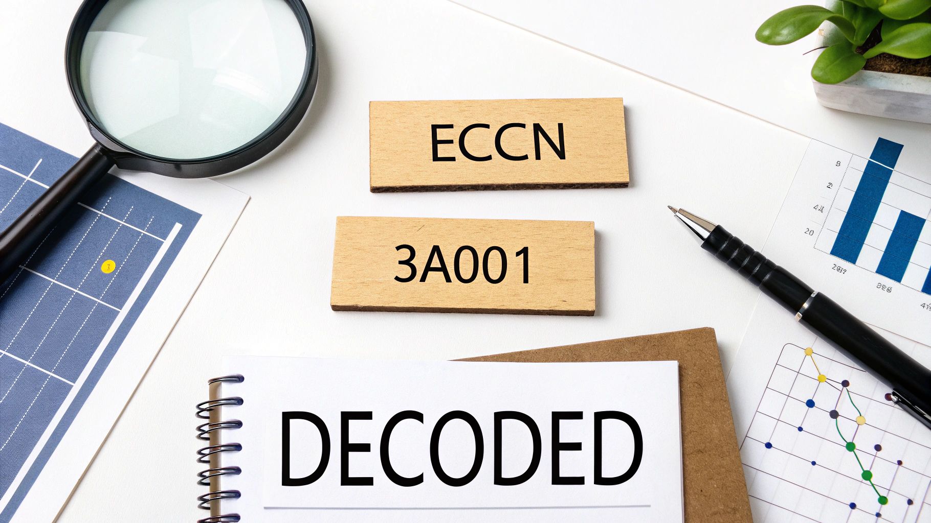 A visual breakdown of the ECCN structure showing its different components like category, product group, and reason for control.