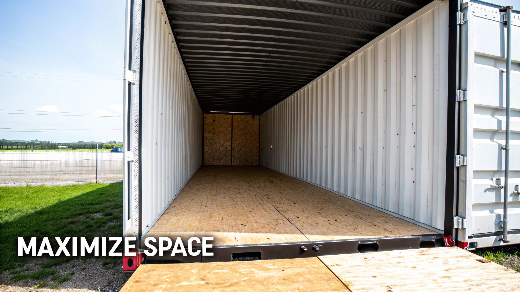 Empty storage container with wooden floor and metal walls showing interior space capacity