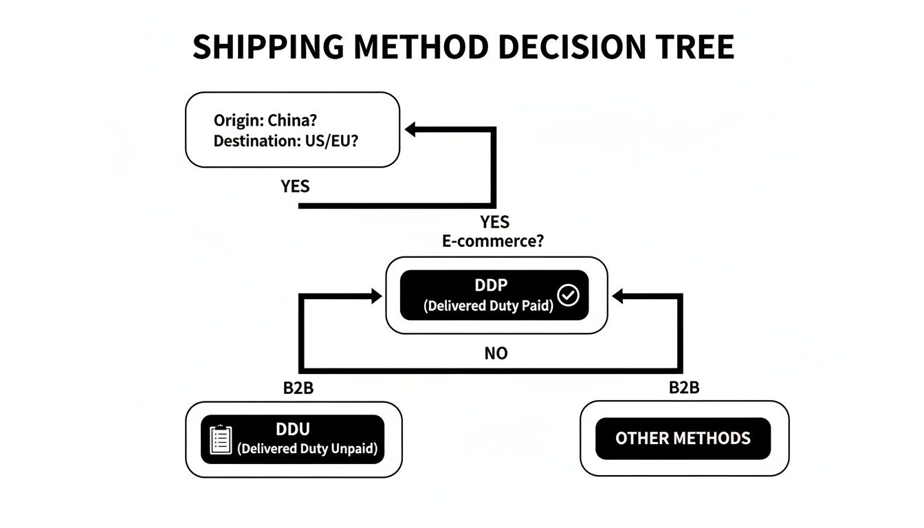 A shipping method decision tree flow chart comparing DDP, DDU, and other methods for various scenarios.