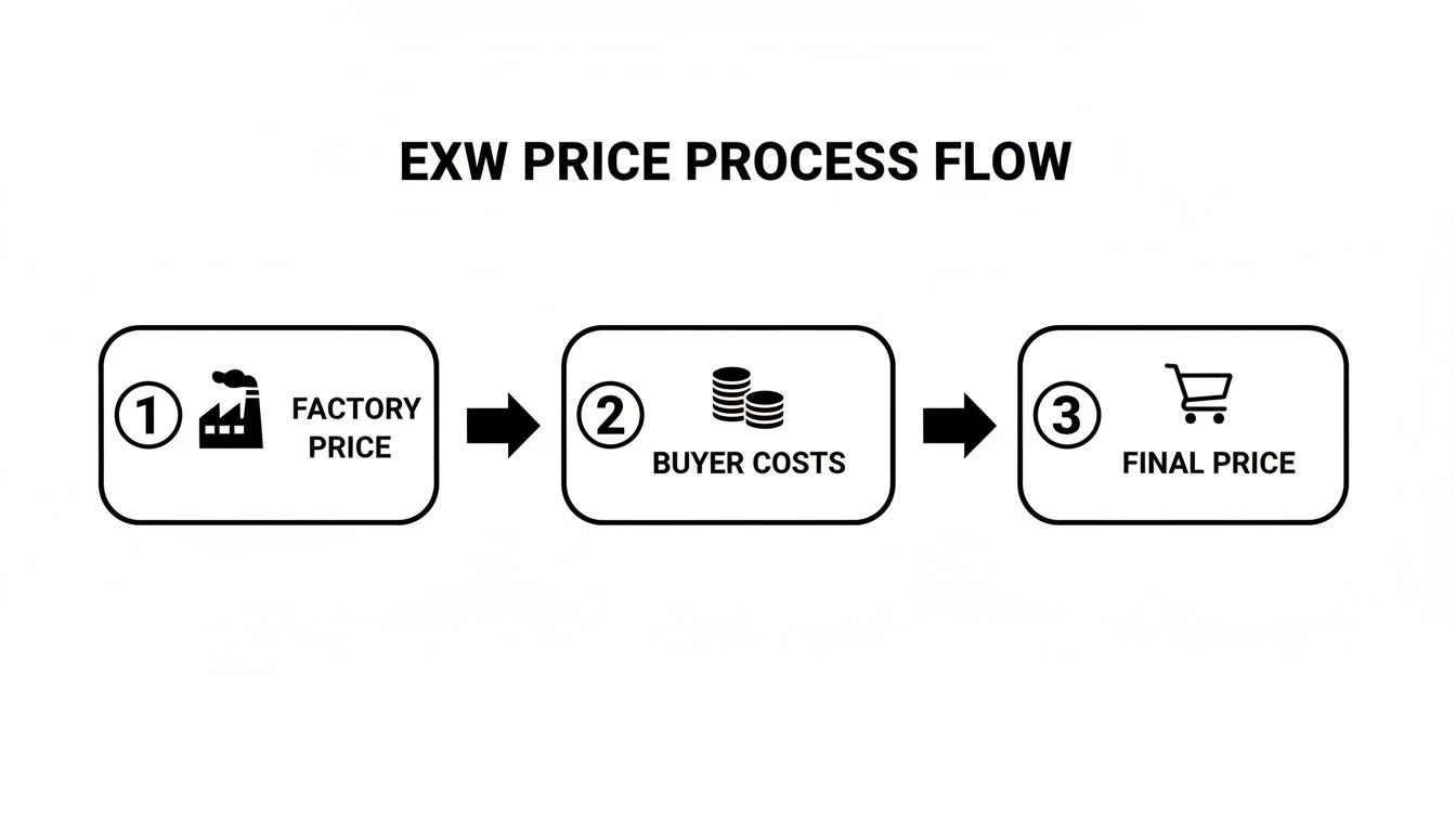 Flowchart illustrating the EXW price process, showing factory price, buyer costs, and final price.