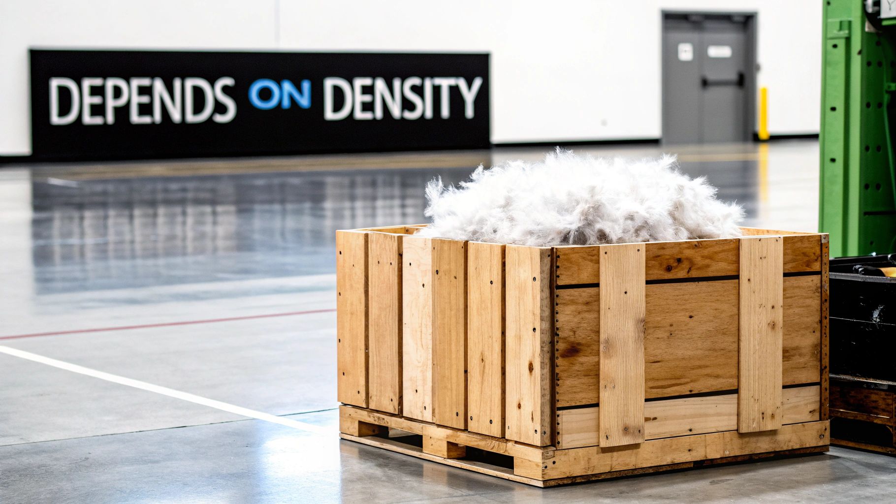 Warehouse workers measuring a large shipping crate