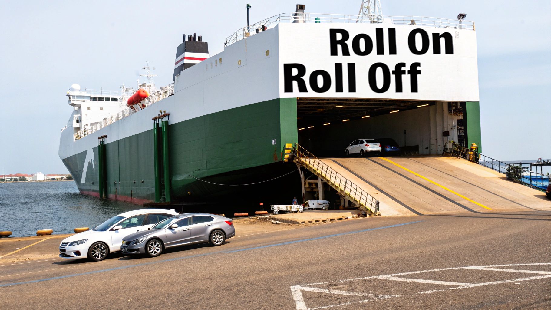 A large Roll On Roll Off cargo ship docked, with cars being driven onto its ramp.
