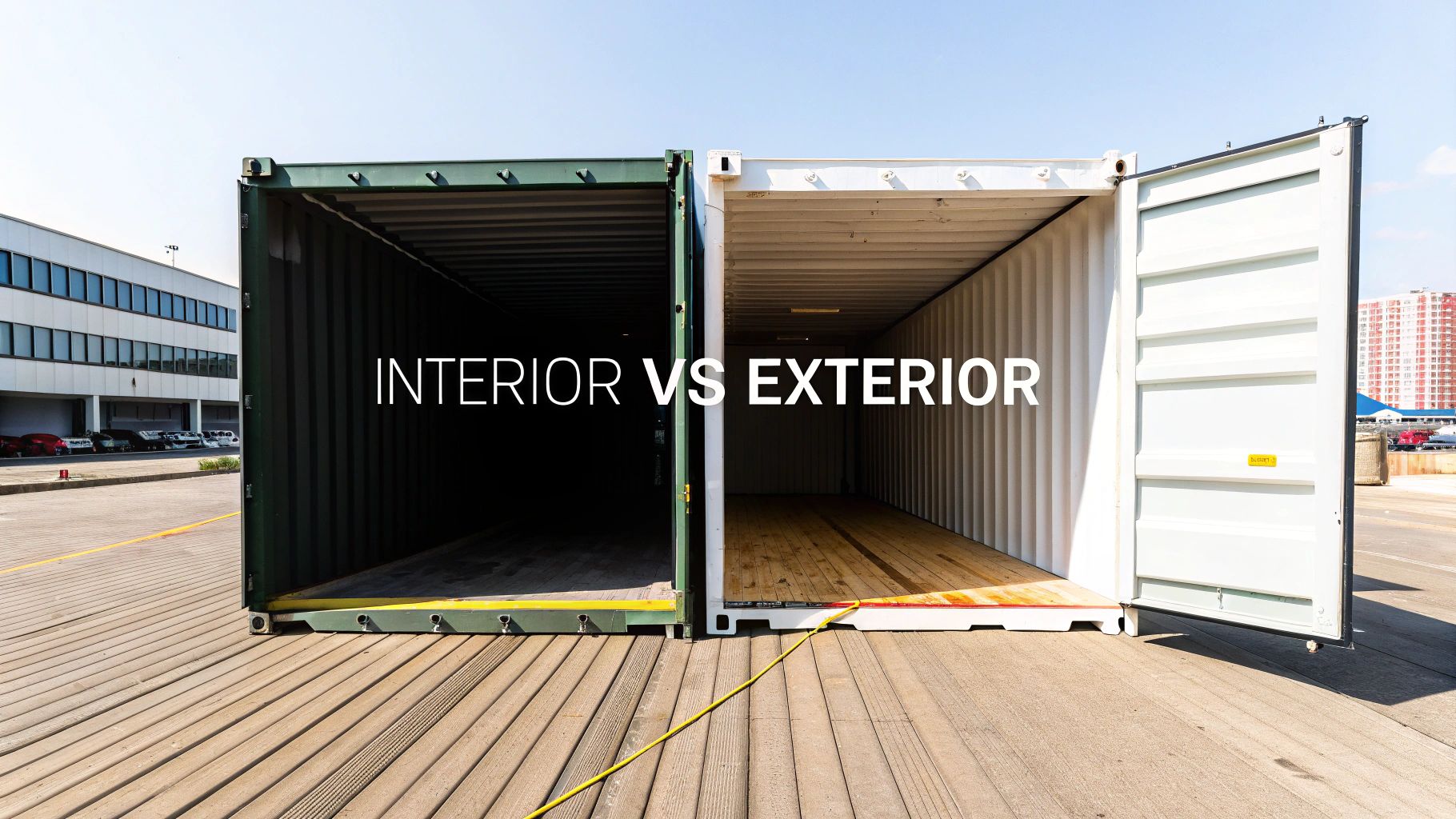 Side-by-side view of two open shipping containers, comparing their dark green interior and white exterior.