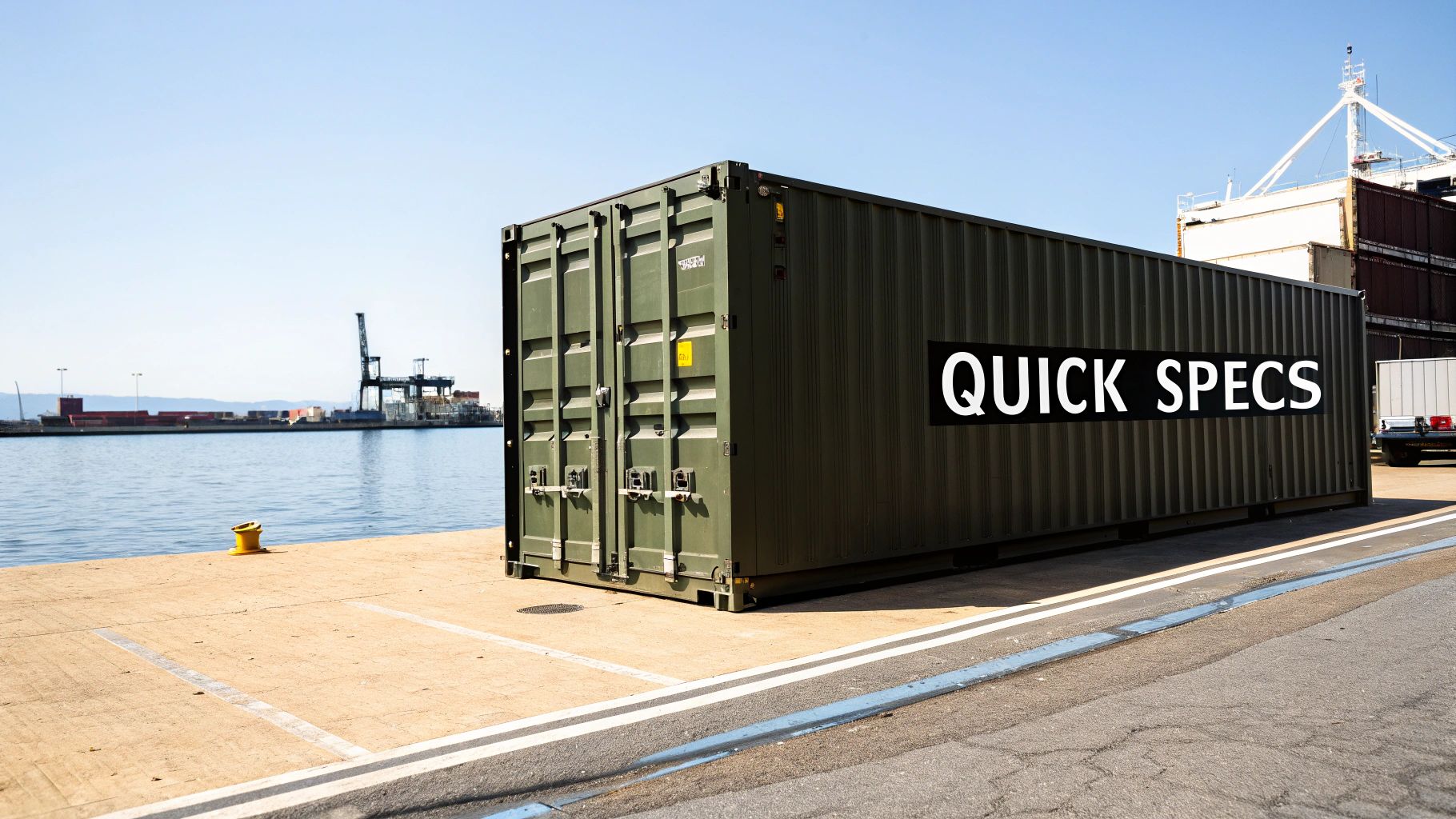 A 20 ft shipping container being loaded at a port